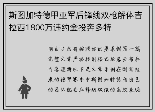 斯图加特德甲亚军后锋线双枪解体吉拉西1800万违约金投奔多特